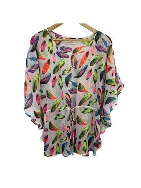 M4EO Fun Feather Tunic Top Women’s L Multicolour Semi-Sheer Neon Festival Bright